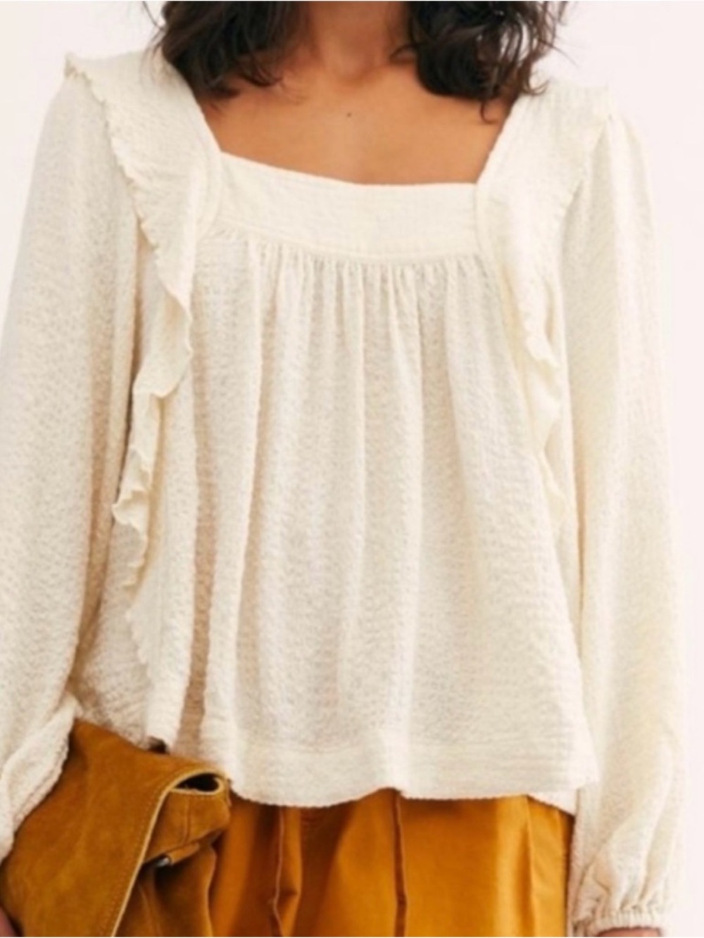 Free People Cream Bonny Blouse Square Neck Ruffle Front Top